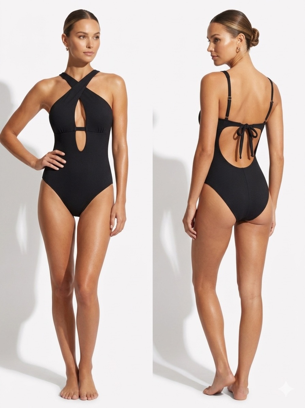 Becca Ribbed Black Cutout One Piece Swimsuit Size Small NWT